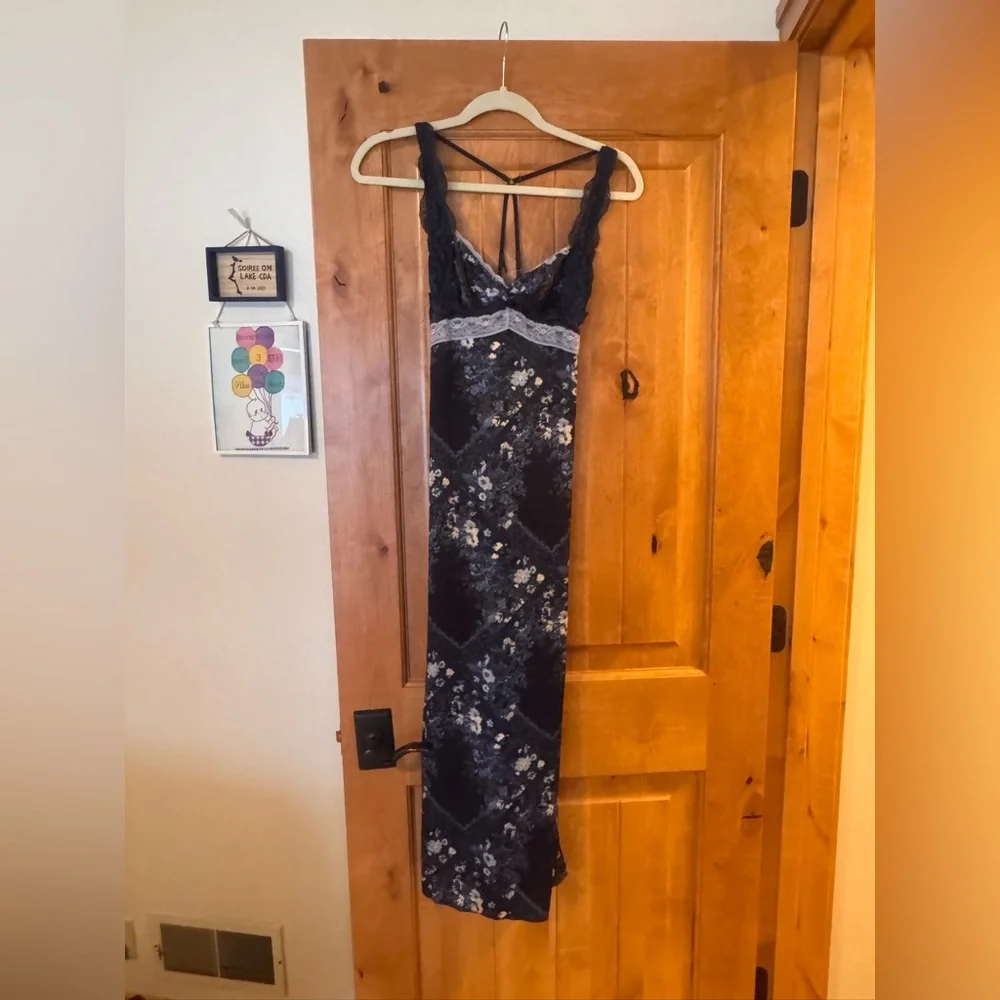 Free People Navy Floral Lace-Trim Maxi Dress